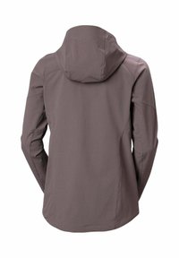 Chaqueta impermeable marrón con capucha, que presenta una textura suave, un diseño elegante y costuras mínimas, diseñada para actividades al aire libre.