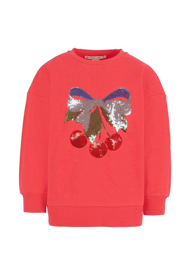 Koraalkleurige sweatshirt met een pailletten ontwerp van een kers en strik. Geribbelde manchetten en onderkant met een relaxte pasvorm. Zacht materiaal, geschikt voor casual wear.