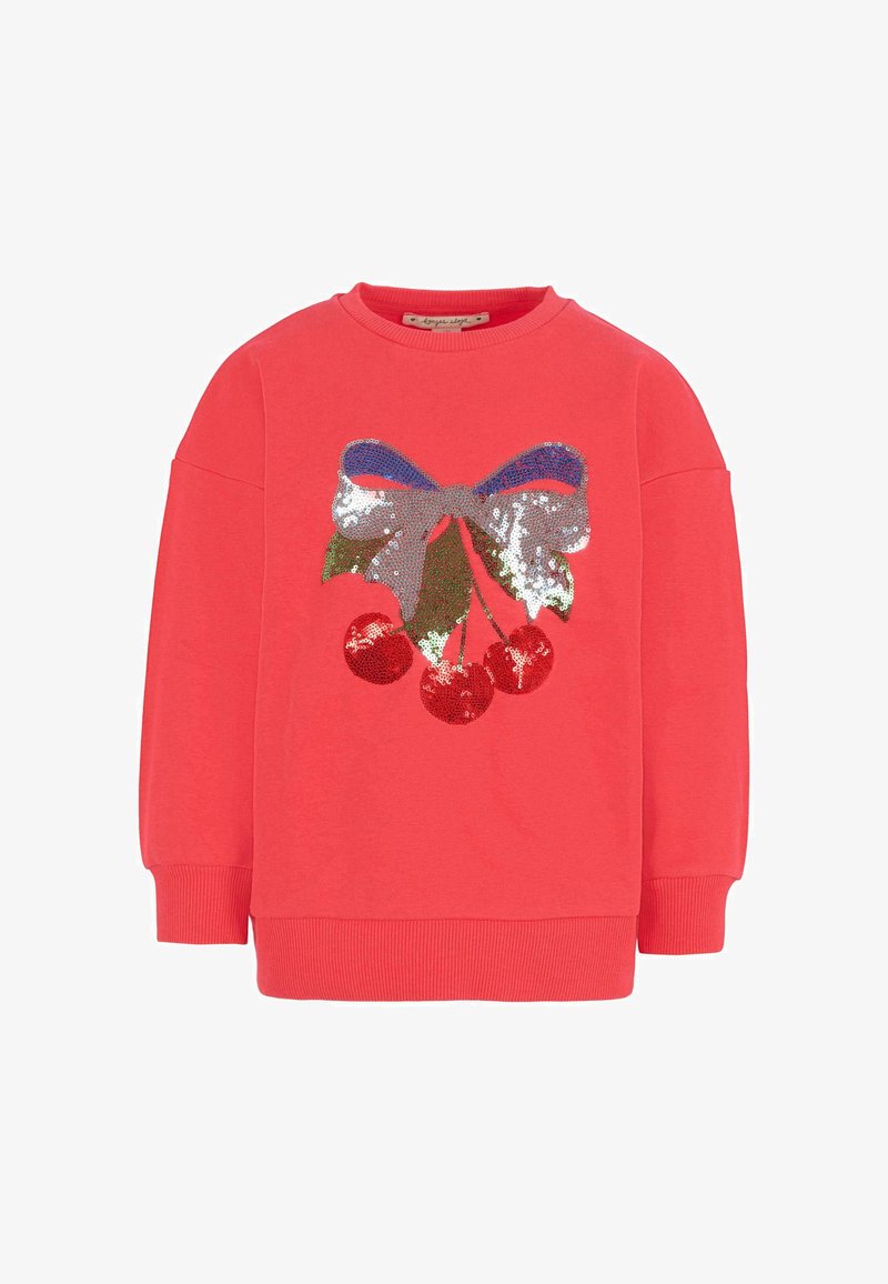 Sweatshirt corallo con design a ciliegia e fiocco in paillettes. Maniche e orlo a costine con una vestibilità rilassata. Materiale morbido, adatto per l'abbigliamento casual.