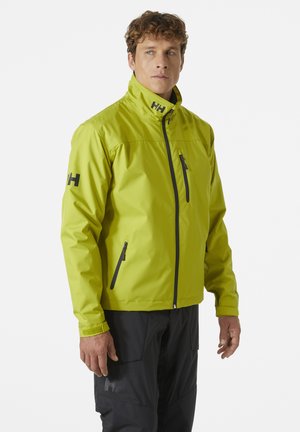 Lime green waterproof jacket with a zip front, high collar, and black zippers. Features prominent logo on the chest and contrasting cuffs.