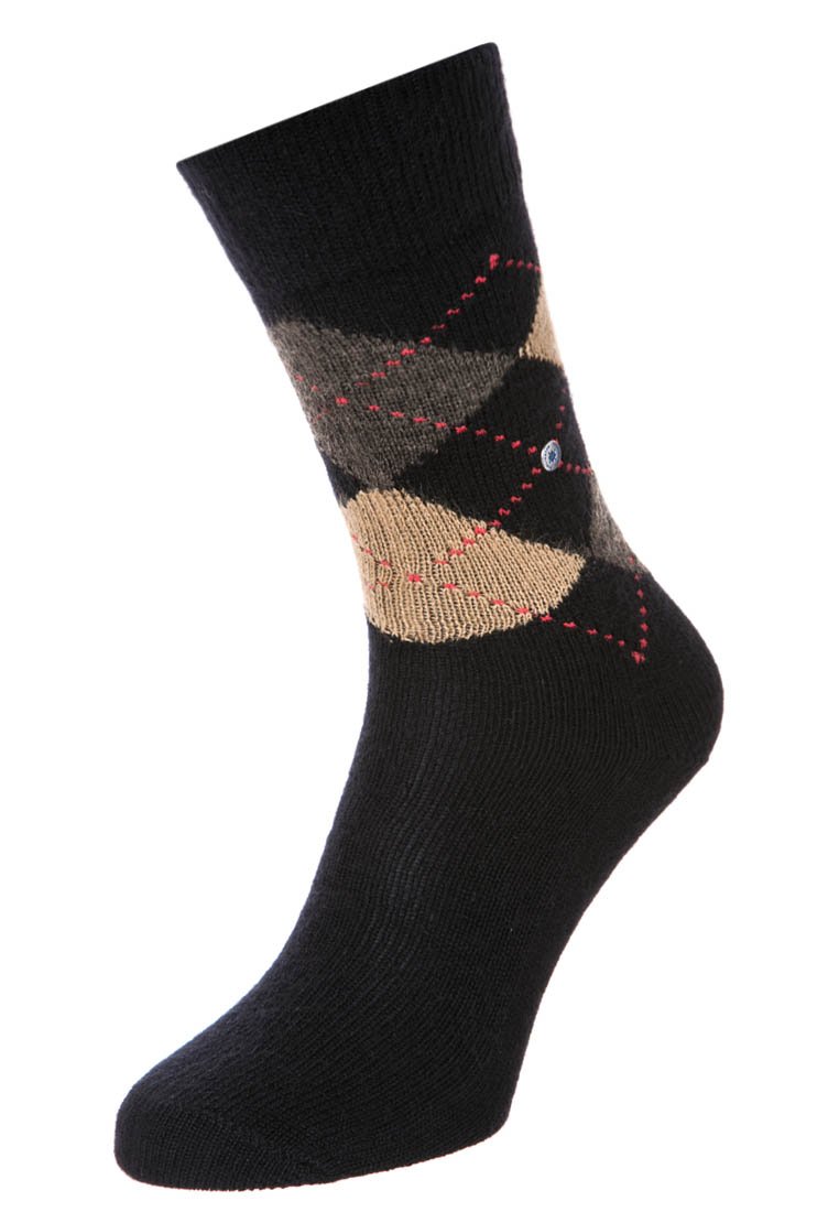 Calza di cotone nera con motivo a rombi in beige, marrone e grigio, accentuata da cuciture rosse e un piccolo logo sul lato.
