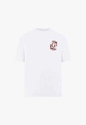 Weißes Baumwoll-T-Shirt mit einem kleinen roten und braunen grafischen Logo auf der Brust, rundem Ausschnitt und kurzen Ärmeln.