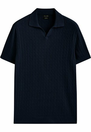 Kurzarm-Poloshirt in Marineblau aus strukturiertem Strickstoff. Verfügt über einen V-Ausschnitt und einen gerippten Saum. Mit vertikalen Zopfmuster-Designs gestaltet.