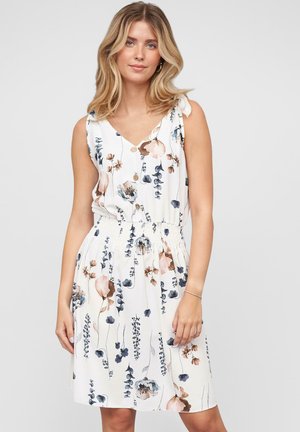 Ärmelloses Kleid mit floralem Muster in Weiß, ausgestattet mit einem V-Ausschnitt, elastischem Taillenbund und kleinen Knöpfen auf der Vorderseite.