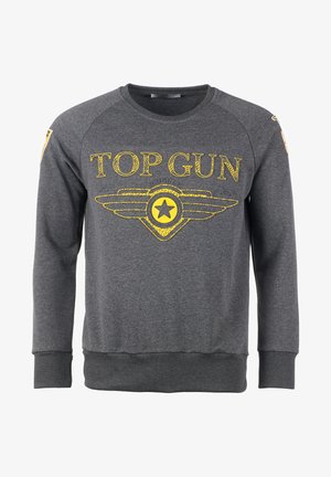 Grijze sweatshirt met de tekst "TOP GUN" in geel, voorzien van een vleugel- en stergraphic. Gemaakt van zacht, textuurstof; ribgebreide manchetten en onderrand.