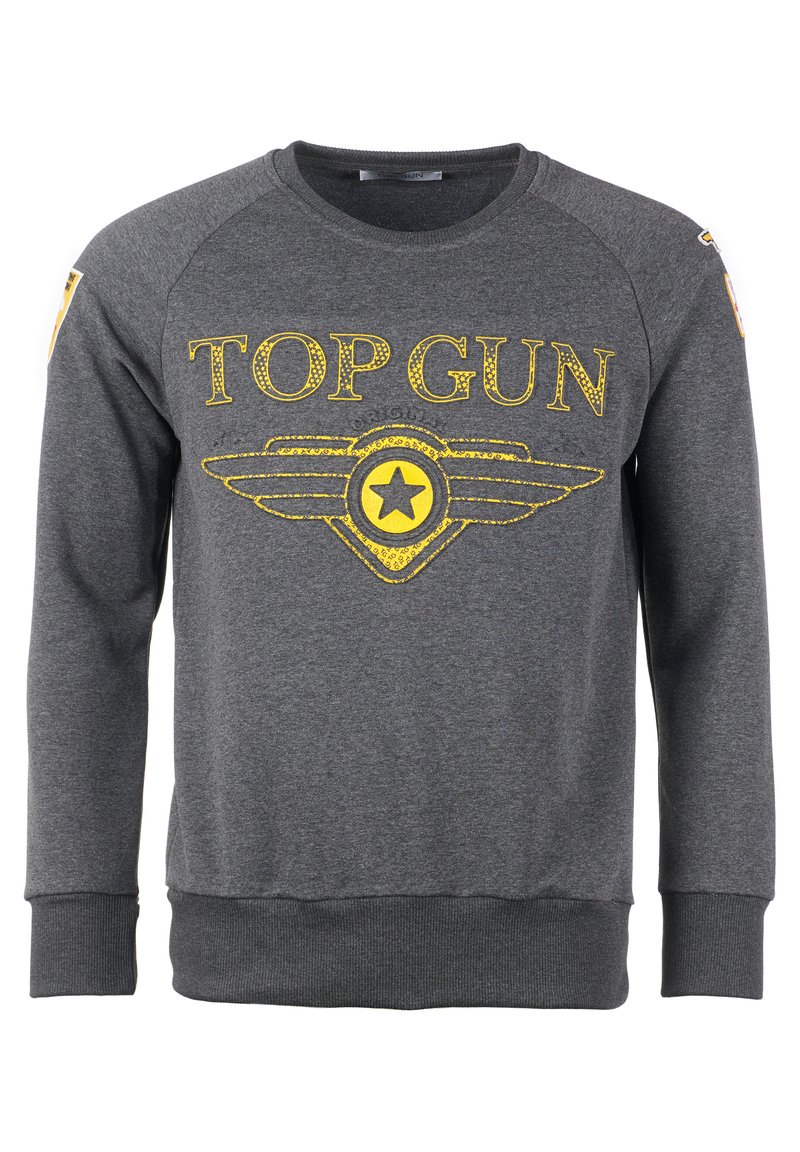 Szary sweatshirt z napisem "TOP GUN" na żółto, z grafiką skrzydła i gwiazdy. Wykonany z miękkiego, teksturowanego materiału; z prążkowanym wykończeniem rękawów i brzegu.