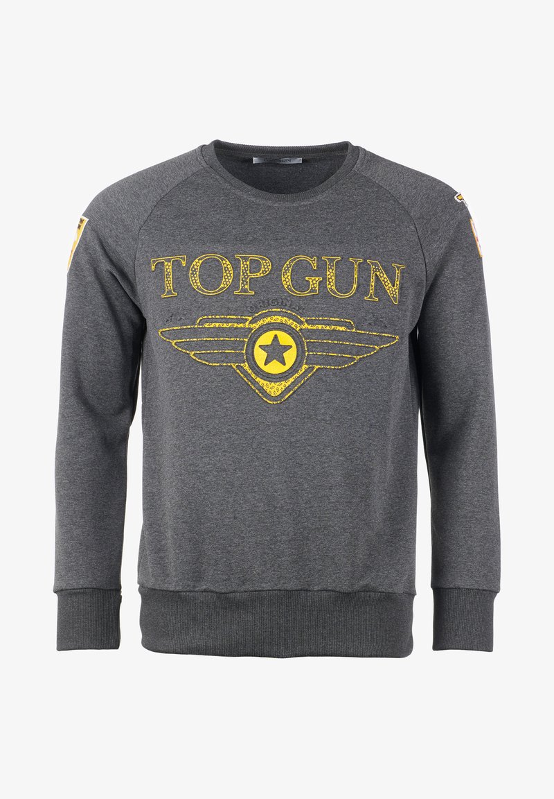 Grijze sweatshirt met de tekst "TOP GUN" in geel, voorzien van een vleugel- en stergraphic. Gemaakt van zacht, textuurstof; ribgebreide manchetten en onderrand.