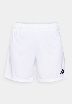 White athletic shorts featuring an elastic waistband, smooth texture, and a black adidas logo on the lower left.