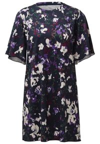 Květinové šaty s krátkým rukávem v tmavě námořnické modři, s bílými, fialovými a zelenými vzory. Měkká, lehká tkanina s uvolněným střihem.