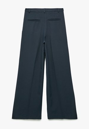 Tummansiniset leveälahkeiset housut, jotka on valmistettu sileästä kankaasta. Varustettu kahdella takataskulla ja vyötärönauhalla, jossa on siisti ja muotoiltu viimeistely.