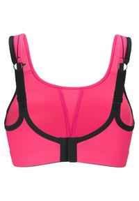 Sportbh i klar rosa med svarta detaljer, med breda remmar, en hake stängning och ett texturerat tyg för stöd och komfort.