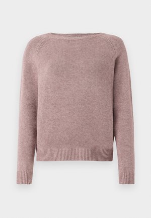 Hellrosa Pullover aus weicher Stoffqualität mit rundem Ausschnitt, langen Ärmeln und gerippten Saumdetails. Einfaches Design ohne Verzierungen.