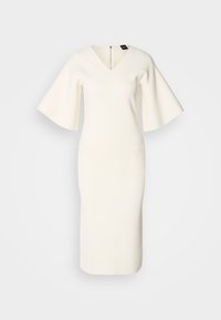 White knit dress with V-neckline, flared short sleeves, fitted silhouette, and back zipper detail. Smooth texture and knee-length cut.
