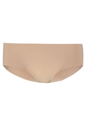 Beige seamless brief, made from smooth synthetic material, featuring a low-rise cut and minimal design with a matte finish.