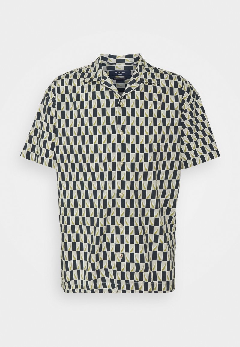 Camicia a maniche corte con colletto realizzata in tessuto leggero, caratterizzata da un motivo geometrico nei colori blu navy, crema e verde olivo. Chiusura con bottoni sul davanti.