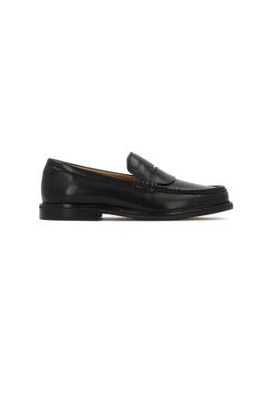 Μαύρο δερμάτινο παπούτσι τύπου slip-on με χαμηλό τακούνι, στρογγυλεμένη μύτη και διακοσμητικό ράψιμο στο πάνω μέρος του παπουτσιού.