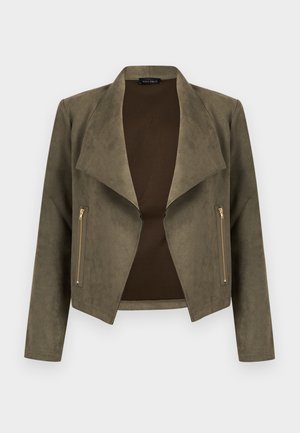 Olijfgroene suède cropped jas met brede revers, lange mouwen en gouden ritszakken aan beide zijden, open voorkant stijl.