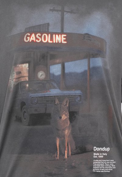 Tricou gri cu un imprimeu grafic al unei benzinării vintage, cu un vulpe stilizată și cuvântul "GASOLINE" în roșu deasupra. Text în colțul din stânga jos.