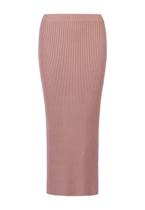 Ribbed, knee-length skirt in soft pink fabric, featuring a fitted silhouette and elastic waistband for comfort.