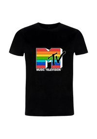 Černé tričko s barevným logem MTV v duhových pruzích a textem "MUSIC TELEVISION" pod ním v bílé barvě. Krátké rukávy, standardní střih.