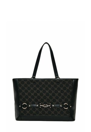 Borsa tote nera con un pannello in tessuto strutturato a motivo esagonale e dettagli dorati, completata da rifiniture in pelle e due manici.