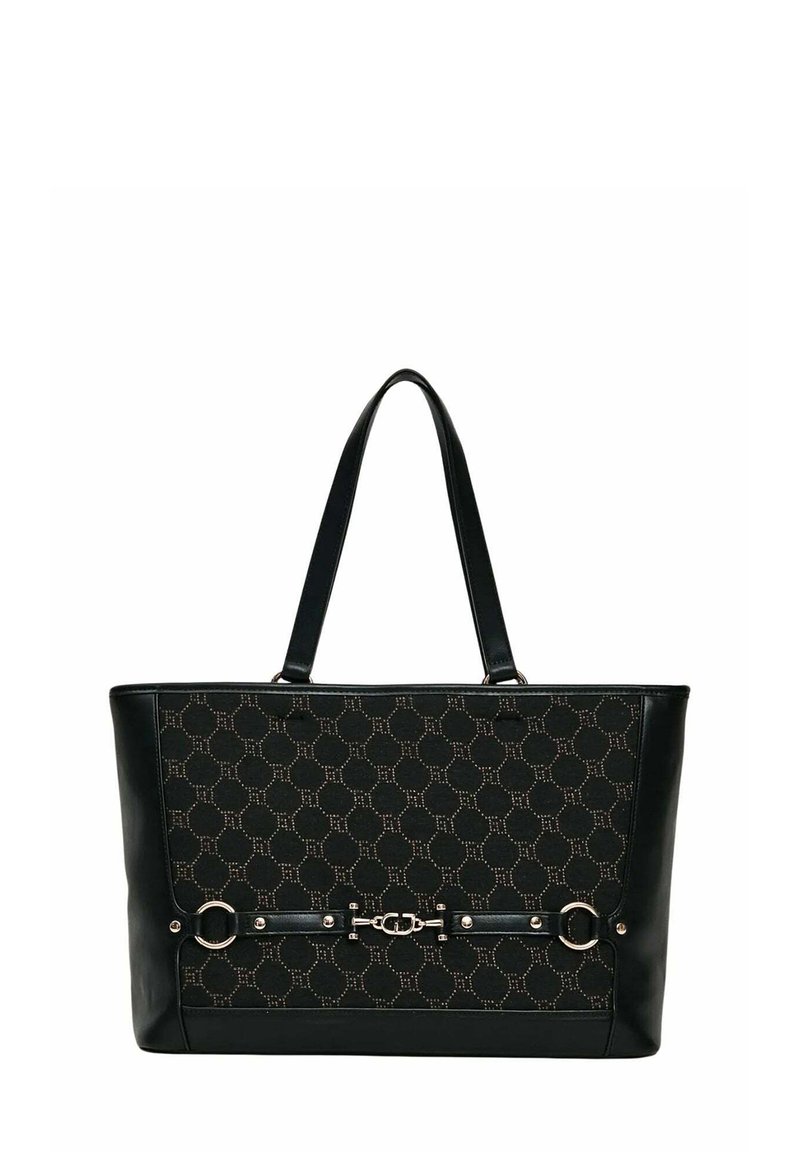 Borsa tote nera con un pannello in tessuto strutturato a motivo esagonale e dettagli dorati, completata da rifiniture in pelle e due manici.