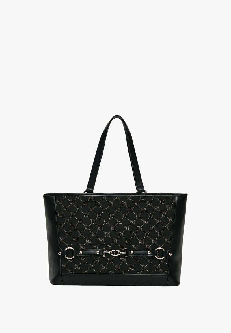 Borsa tote nera con un pannello in tessuto strutturato a motivo esagonale e dettagli dorati, completata da rifiniture in pelle e due manici.