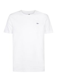 Bílé tričko s krátkým rukávem a kulatým výstřihem s malým černým logem "Petrol" na levém hrudníku, zobrazené na čistém bílém pozadí.