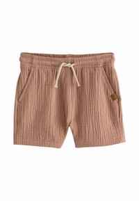 Shorts en mélange de coton de couleur rose clair, avec un design texturé à côtes, une taille élastique avec cordon de serrage et des poches latérales.