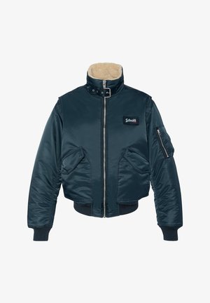 Marine bomberjack met een nepbont kraag, een ritssluiting aan de voorkant, twee zijzakken en een ritszak op de arm. Gemaakt van een glanzend, glad materiaal.