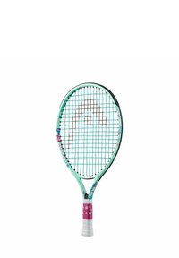 Tennisschool met een muntgroen frame, zwarte snaren en bloemige accenten. Voorzien van een gestructureerde grip met roze en witte details op het handvat.