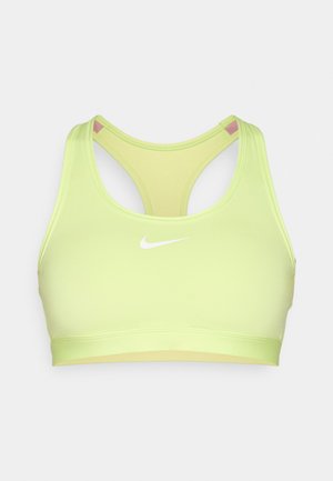 Sportovní podprsenka v jasně limetkové barvě, vyrobená z hladké tkaniny, s designem racerback a bílým logem na přední straně. Tenké ramínka a lehké vycpávky.