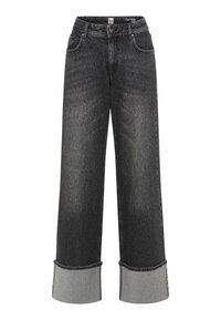 Jeans neri in denim a gamba larga con vita alta, presentano orli grigi chiari a contrasto e un classico design a cinque tasche. Tessuto testurizzato con leggeri effetti di scoloritura.