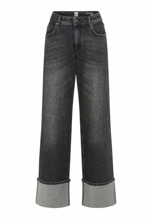 Jeans neri in denim a gamba larga con vita alta, presentano orli grigi chiari a contrasto e un classico design a cinque tasche. Tessuto testurizzato con leggeri effetti di scoloritura.