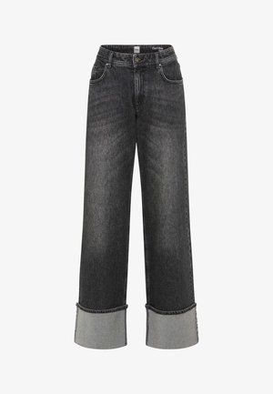 Jeans neri in denim a gamba larga con vita alta, presentano orli grigi chiari a contrasto e un classico design a cinque tasche. Tessuto testurizzato con leggeri effetti di scoloritura.