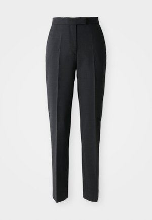 Black tailored straight-leg trousers with high waist and front creases, displayed on a plain light background.