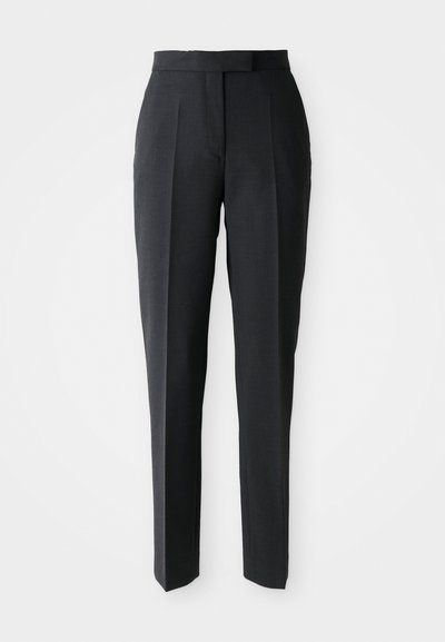 Black tailored straight-leg trousers with high waist and front creases, displayed on a plain light background.