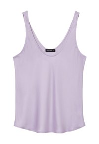 Top in lavanda realizzato in tessuto liscio, con scollatura a U profonda e spalline sottili, dal taglio ampio e orlo arrotondato. Etichetta con la scritta "CALLIOPE."