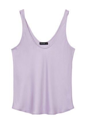 Lavendelfarbenes Tanktop aus glattem Stoff, mit tiefem U-Ausschnitt und dünnen Trägern, lockerer Passform und abgerundetem Saum. Etikett mit der Aufschrift "CALLIOPE."
