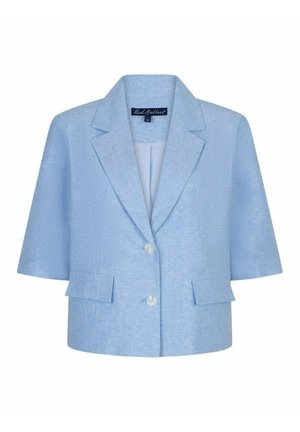 Lichtblauw blazer met korte mouwen, voorzien van een notch reverskraag, twee knopen aan de voorkant en klepzakken, maat small van het merk Red Button.