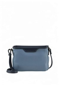 Blaue Leder-Umhängetasche mit Reißverschluss, ausgestattet mit einem kontrastierenden dunklen Besatz, verstellbarem Träger und einem dezenten Logo-Akzent auf der Vorderseite.