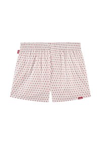 Boxer in cotone bianco con un motivo di piccoli cuori rossi, elastico in vita e un piccolo logo rosso sul lato.