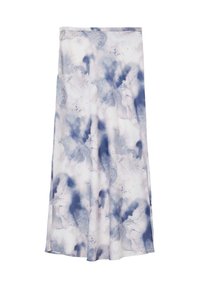 Midikleid aus leichtem Material, das mit einem blauen und weißen abstrakten Aquarellmuster gestaltet ist. Es zeichnet sich durch eine fließende Silhouette und einen elastischen Bund aus.