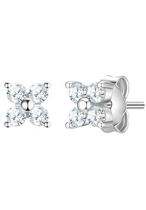 Silberne Steckerohrringe mit vier runden, klaren Diamanten in floralem Muster, glänzender Metalloberfläche und sicherem Steckverschluss.