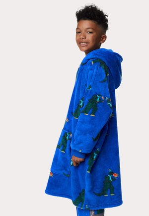 Niebieski szlafrok z polaru w dinozaurowe wzory. Posiada kaptur, długie rękawy i kieszenie. Miękka tekstura i żywe kolory zwiększają widoczność.