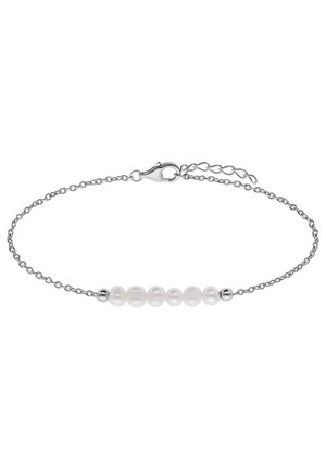 Silberne Kettenarmband mit fünf schimmernden weißen Perlen und einer kleinen Silberperle, mit einem Karabinerverschluss und einer Verlängerungskette.