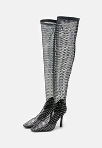 Stivaletti neri, in rete, alti fino al ginocchio, decorati con scintillanti strass, con punta affusolata e tacco a stiletto. Fodera interna liscia nera.