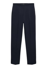 Pantalons ajustés bleu marine avec une taille plate, des détails de pli, des poches latérales et un ourlet à la cheville. Le tissu semble lisse et structuré.