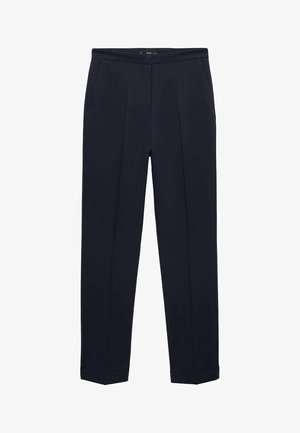 Navy tailored trousers with a flat front, crease detail, side pockets, and ankle-length hem. Fabric appears smooth and structured.