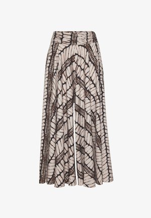 Fließender Rock aus weichem Stoff; hat einen beigen Hintergrund mit kräftigen, dunkelbraunen geometrischen Mustern und einem elastischen Bund.